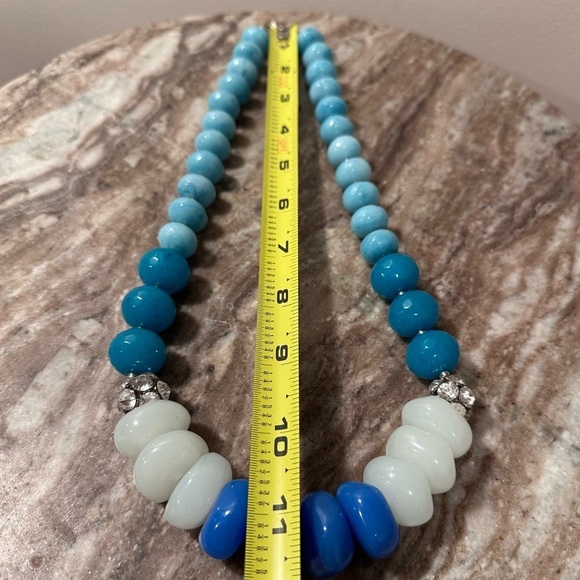 Vintage Graduated Bead Necklace Teal Green White Blue Acrylic Beads Rhinestones - Picture 11 of 16
